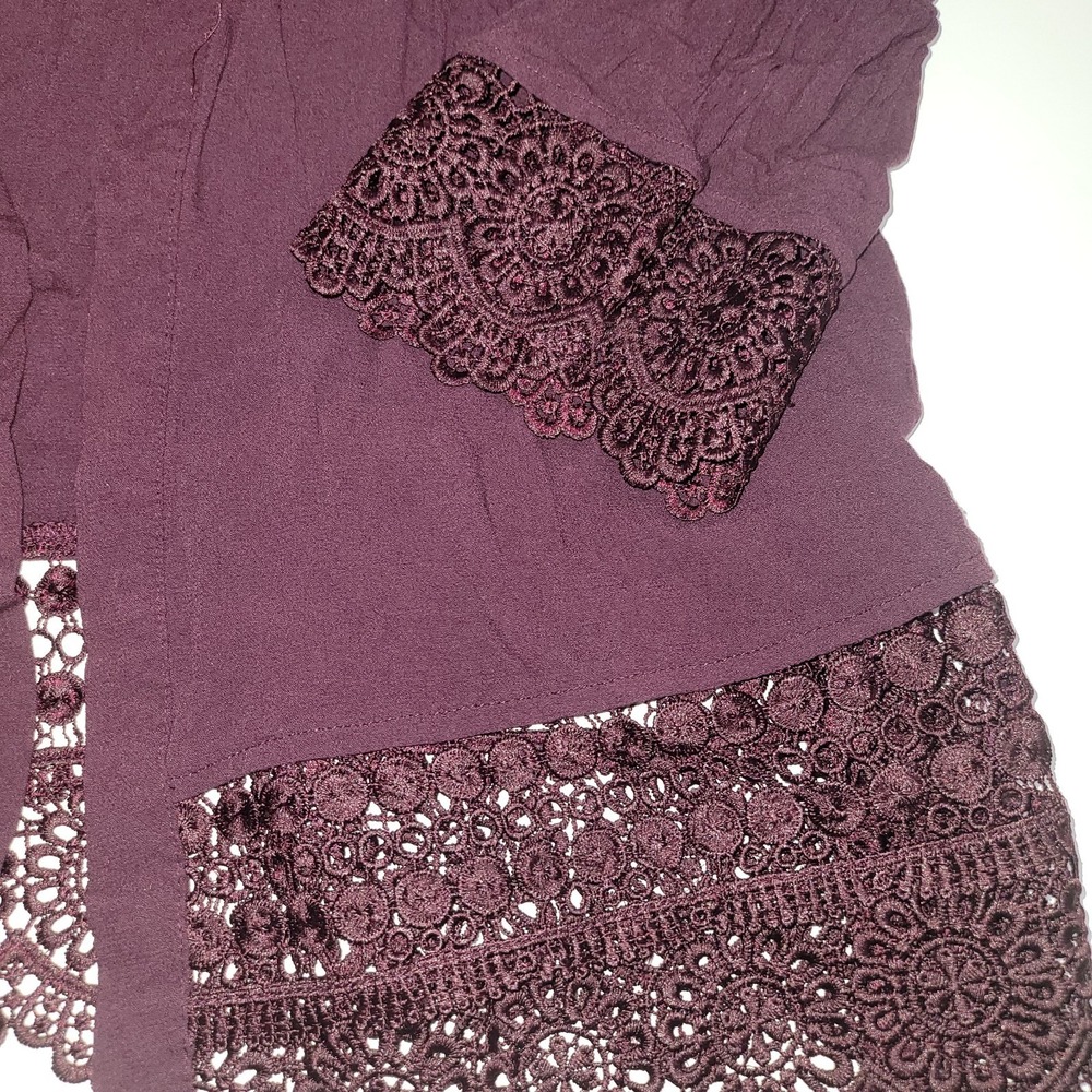 Exhilaration Open Front Cardigan Sweater Womens Size XL Burgundy Boho‎ Lace Trim - Picture 3 of 7